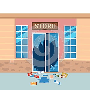 Store broken. Robbery concept. Broken doors facades of store. Crime scene vandalism, cracked glass, goods. Vector