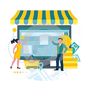 Store business online e-commerce concept. Man and woman buy product in internet shop. Vector