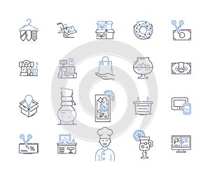 Store and cafe outline icons collection. Store, Cafe, Shopping, Restaurant, Dine, Food, Beverage vector and illustration