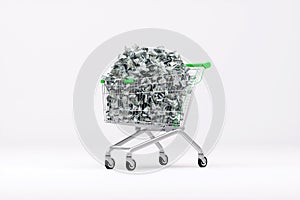 Store cart filled with American dollars, lots of paper bills. 3D rendering