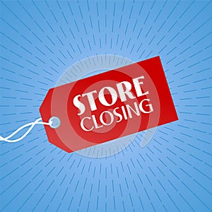 Store closing vector illustration, background with red color price tag