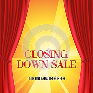 Store closing vector illustration, background with red curtain