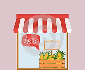 Store with corns inside box and support local business inside bubble vector design