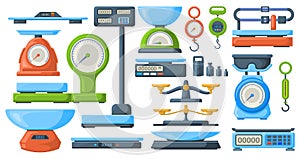 Store electronic and mechanical scales for weight measuring. Market or kitchen measuring libra instrument vector