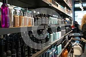 A Store Filled With an Array of Hair Products, An array of hair products and styling tools in a busy salon, AI Generated