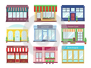 Store flat buildings. Cartoon shop facade with showcase boutique retail building storefront restaurant houses. Shopping