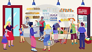 Store with food, vector illustration. Woman man customer people character at grocery, supermarket make retail purchase