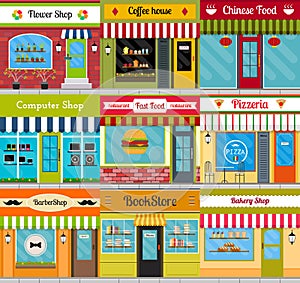 Store fronts and restaurant facades set.