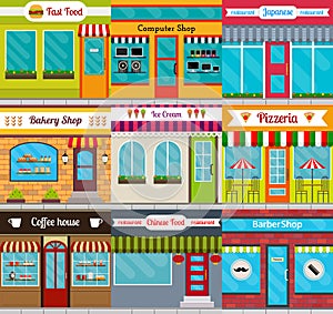 Store fronts and restaurants facades set.