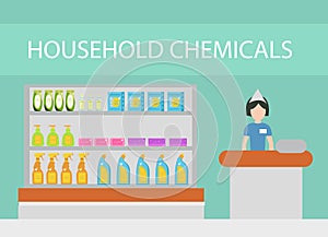 Store household chemicals, cleaning agents, detergents, cosmetics. The department store with household cleaning flat style. Vector photo