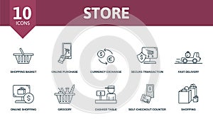 Store icon set. Contains editable icons shopping theme such as shopping basket, currency exchange, fast devivery and