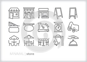 Store icons of storefronts, signs, cash register and more