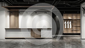 a store interior design featuring a fusion of white and dark brown styles against gray walls, illuminated display
