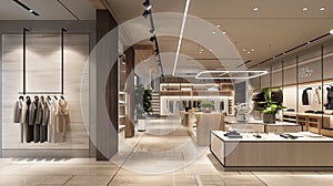 a store interior design featuring a fusion of white and dark brown styles against gray walls, illuminated display