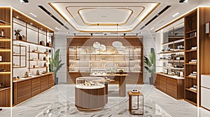 a store interior design featuring a fusion of white and dark brown styles against gray walls, illuminated display