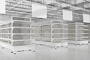 Store interior with empty supermarket shelves