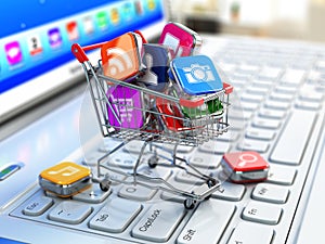 Store of laptop software. Apps icons in shopping cart.