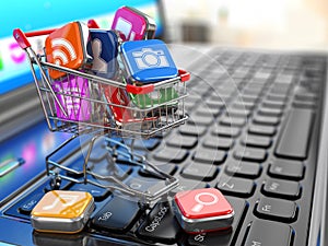 Store of laptop software. Apps icons in shopping cart.