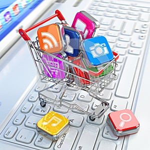 Store of laptop software. Apps icons in shopping cart.