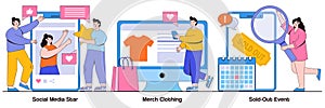 Store locator, product, pricing concept with tiny people. E-commerce website vector illustration set. Website menu bar, find us, photo