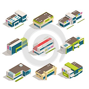 Store Mall Shopping Center Isometric Buildings Icon Set