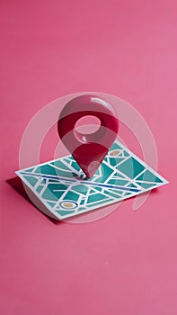 Store with map pin on pink background, online shopping concept