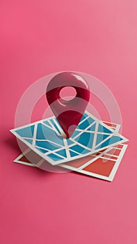 Store with map pin on pink background, online shopping concept