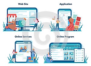 Store merchandiser online service or platform set. Shop
