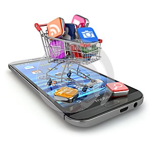 Store of mobile software. Smartphone apps icons in shopping cart