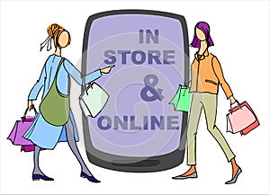 In-store and online shopping ad. Two ways of buying goods concept illustration. Sale announcement. Advertising banner