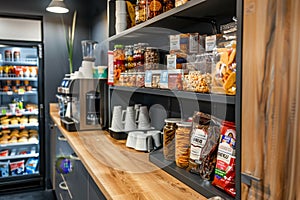 A store packed with a wide variety of food and drinks, including snacks and a coffee machine, A break room stocked with snacks and