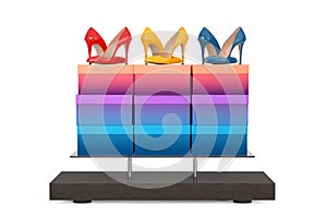 Store Product Display Showcase Rack Shelves with Woman Shoe Boxes and High Heels Wooman Shooes. 3d Rendering