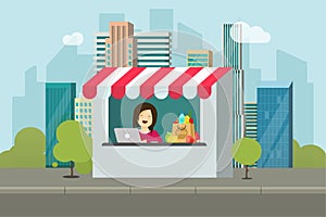 Store retail facade vector illustration, flat cartoon design of shop building on city street, storefront with seller