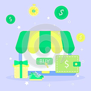 Store retail internet business design, vector illustration. Shop purchase with electronic wallet, commerce sale concept.