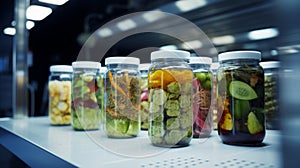 a store shelf stocked with jars of various pickled vegetables. The jars, of different sizes and shapes, contain a colorful