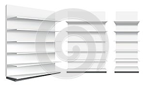 Store shelves. Wide supermarket showcase template. Set of white empty retail shelf rack. Mockup template ready for your