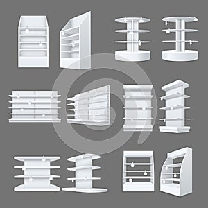 Store shelves with wobbler templates set. Realistic empty shelving stands