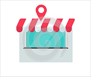 Store or shop building location vector illustration flat cartoon, cafe or restaurant front view with pin pointer