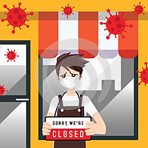 Store shop is closed or bankrupt business concept vector illustration. Effect of corona virus or covid-19 outbreak. Social