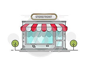 Store or shop front view vector illustration, cartoon line outline storefront on street isolated