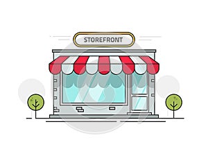 Store or shop front view vector illustration, cartoon line outline storefront on street isolated photo