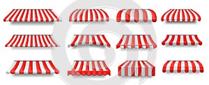 Store sunshade awning. Striped shop and cafe canopies, market stall covers with shadow isolated vector set photo