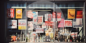 Store window filled with signs advertising discounts and sales, concept of Promotion