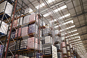 Stored merchandise in a distribution warehouse, low angle