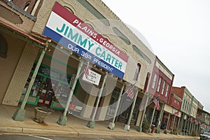 Storefront with banner exclaiming Plains Georgia to be the home of Jimmy Carter, our 39th President in Plains, Georgia