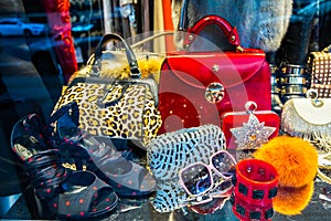 Storefront fashion shop with women accessory. photo