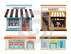 Storefront. Set of different colorful shops market, candy shop, supermarket, store. Vector, illustration in flat style