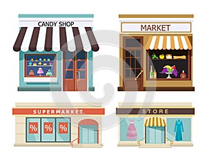 Storefront. Set of different colorful shops market, candy shop, supermarket, store. Vector, illustration in flat style photo