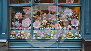 A storefront window decorated with paper outs of Easter eggs and flowers advertising a sale on Easterthemed candy and photo