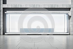 A storefront window display with a blank podium, empty showcase, modern building facade, lighted background, concept of retail